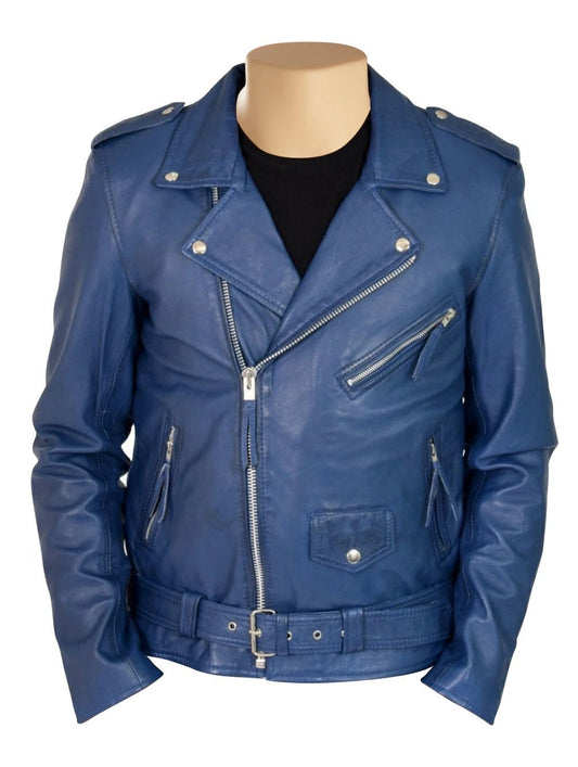 Handmade Kain Blue Classic Biker Style Leather Jacket With Belt