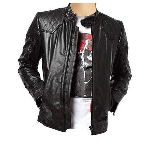 Handmade Moto Style leather jacket with quilted stitching patches