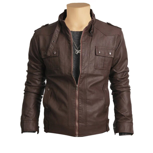Handmade Brown Leather Jacket With Collar Belt