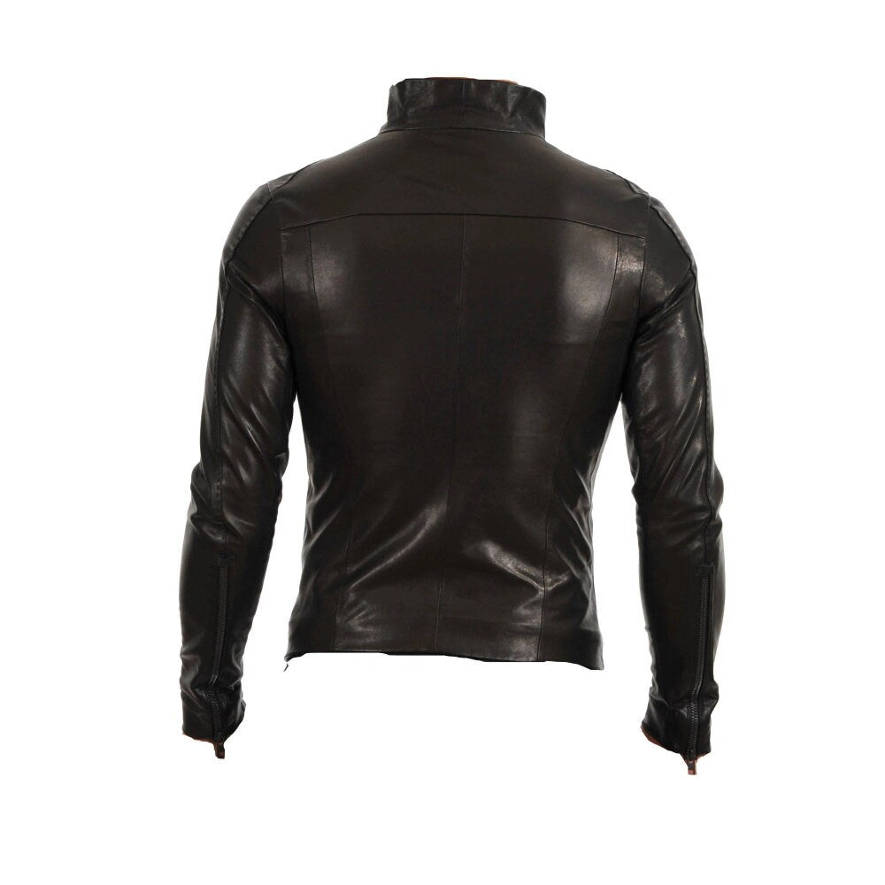 Handmade Black Leather Jacket With High Neck Pullover