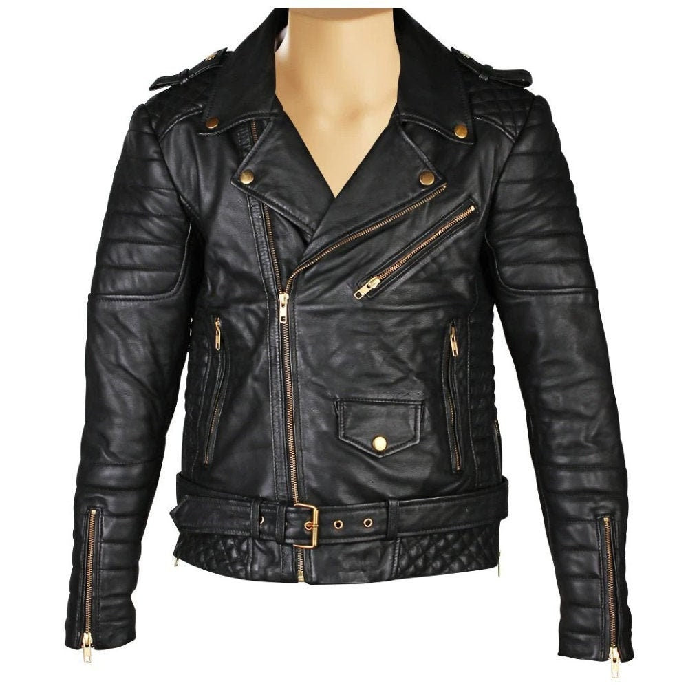 Handmade Mercado's Quilted Biker Leather Jacket With Waist Belt
