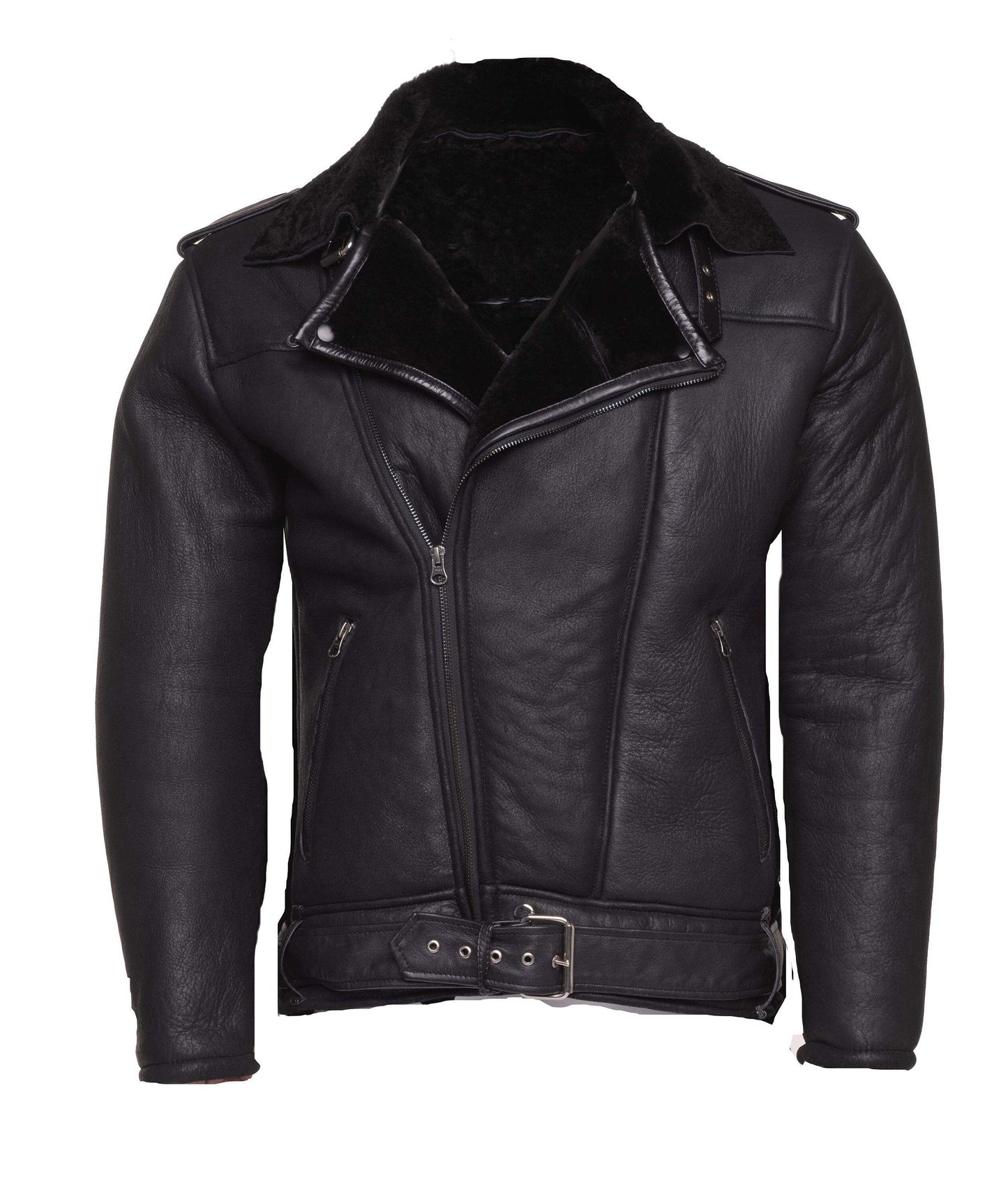 Handmade Black on Black Shearling Biker Jacket