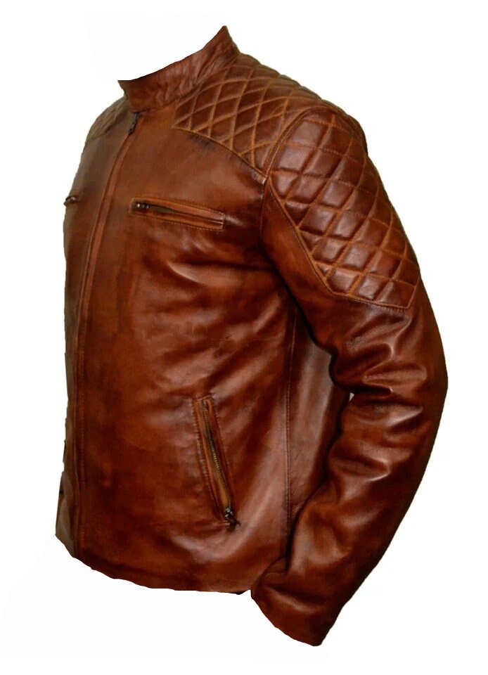 Handmade Vintage Cafe Racer Leather Jacket With Quilted Patches