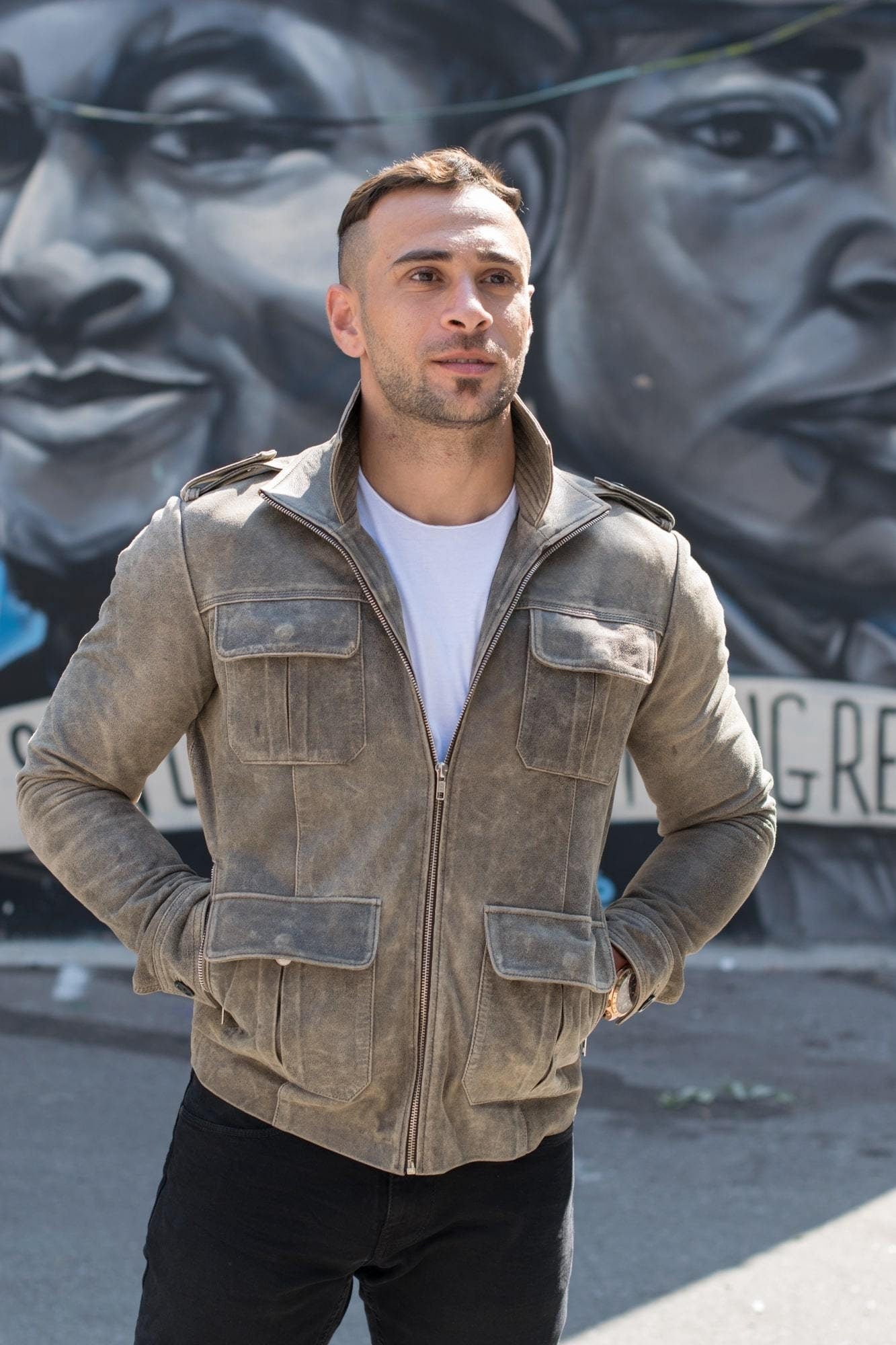 Handmade  Vintage Blast Leather Jacket With Point Collar