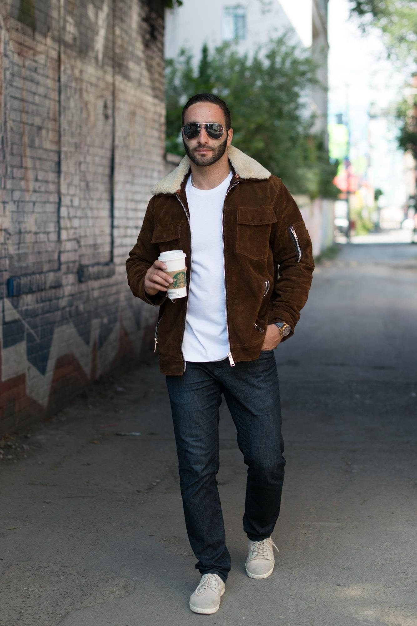 Handmade  Suede Bomber Leather Jacket With Fur Collar