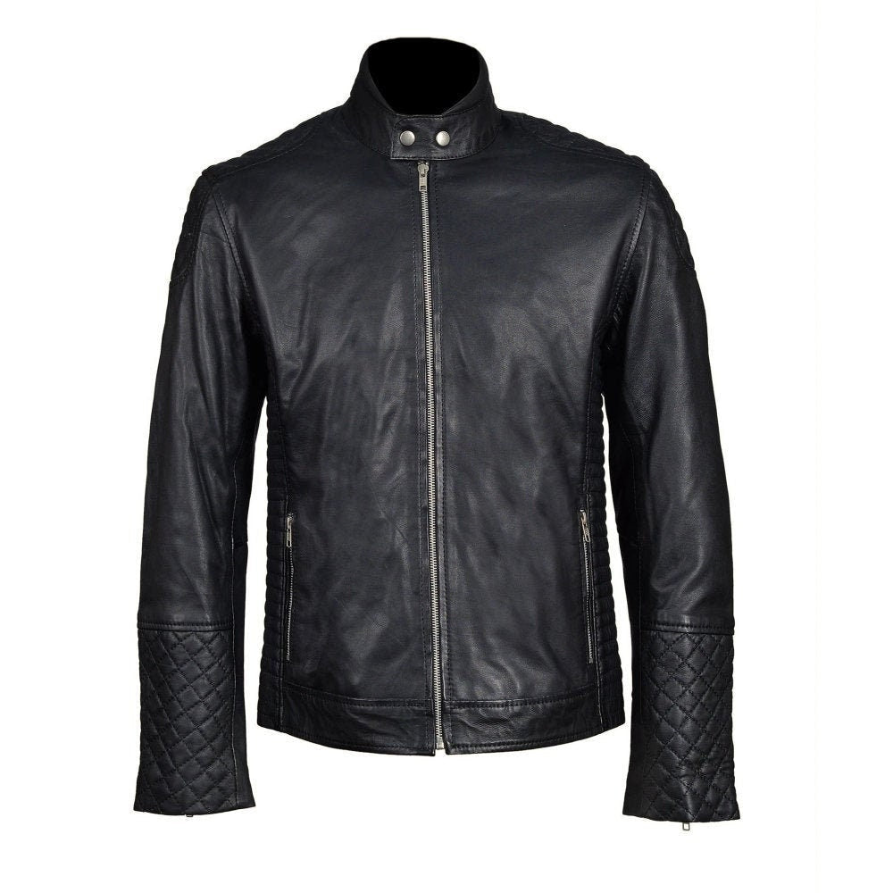 Handmade Tyrons Moto Style Leather Jacket With Quilted Detailing