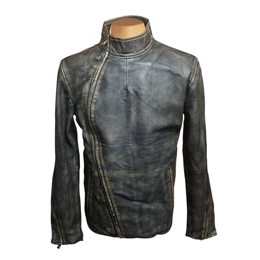 Handmade Kwame's Vintage Style Leather Jacket With Straight Collar