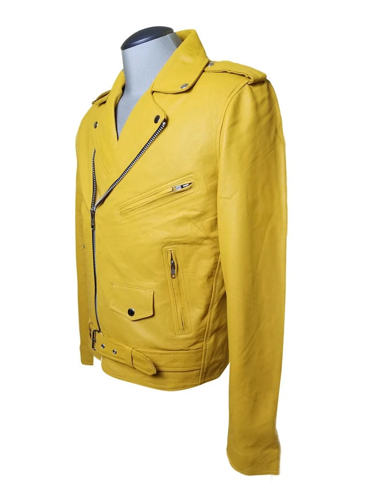 Handmade  Olson's Yellow Biker Style Leather Jacket With Waist Belt