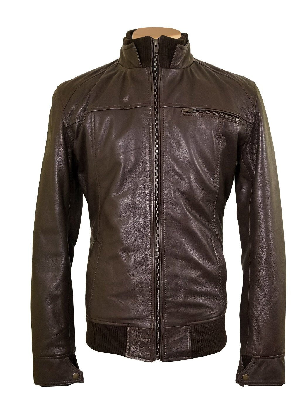 Handmade Brown Leather Jacket With Straight Ribbed Collar, Cuffs And Hem
