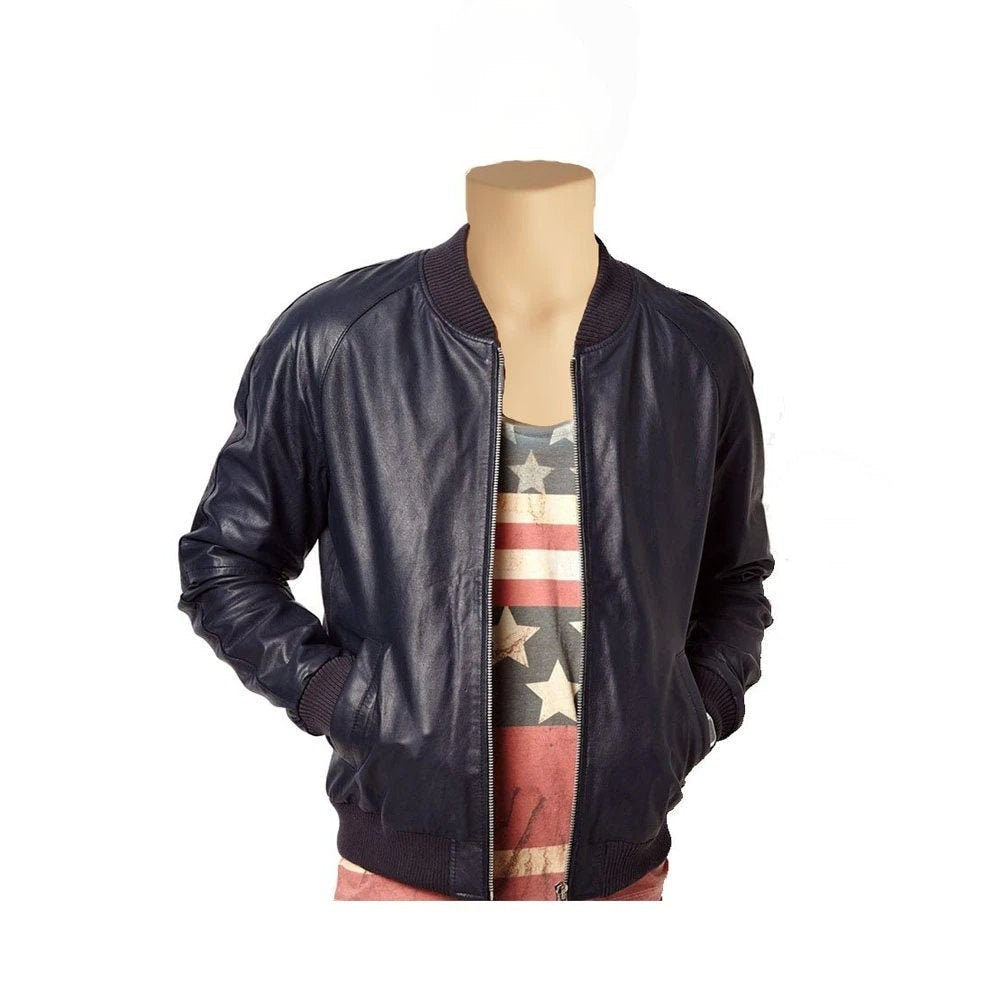 Handmade Navy Blue Bomber Style Leather Jacket