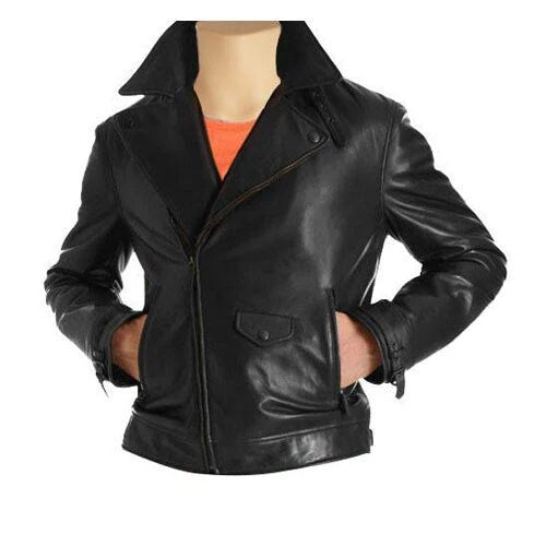 Handmade Black Biker Style Jacket With Notch Lapels