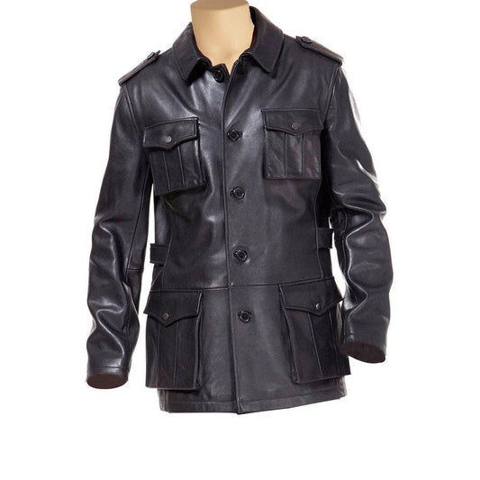 Handmade Black Leather Buttoned Up Coat