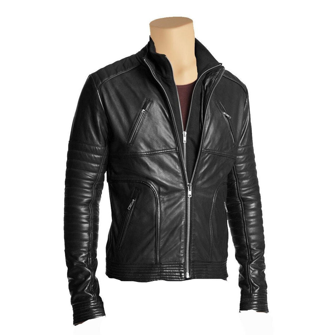 Handmade Ben's Leather Jacket With Straight Zip Up Collar
