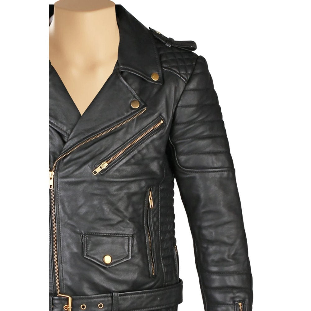 Handmade Mercado's Quilted Biker Leather Jacket With Waist Belt