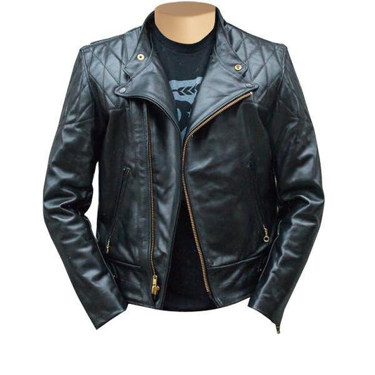Handmade Brandford's Biker Style Leather Jacket With Quilted Stitching Details