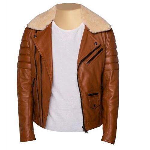 Handmade Woodwards English Tan Biker Jacket With Fur Collar