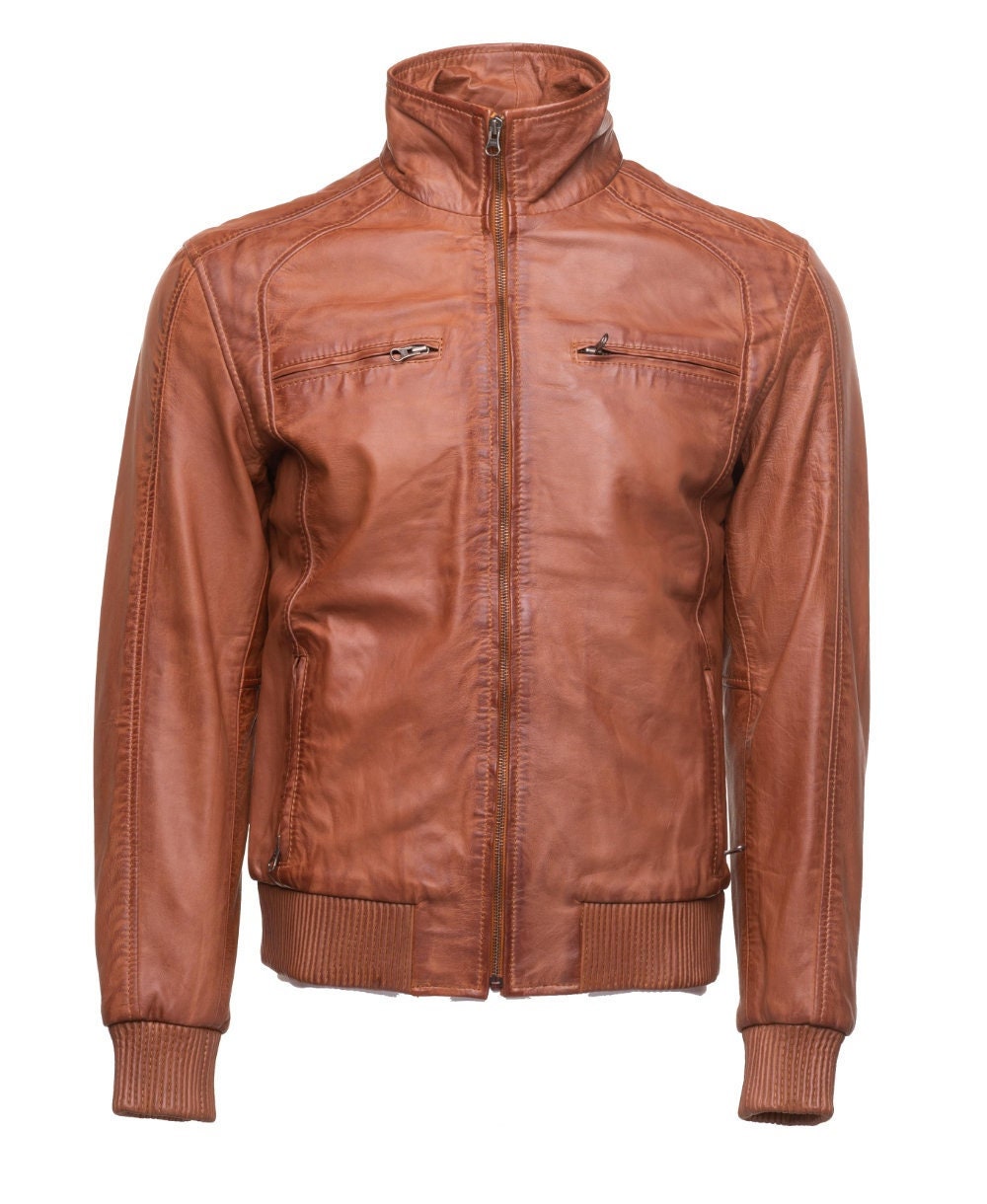 Handmade Beltrans Sand Washed Leather Jacket With Stretch Leather Hems & Cuffs