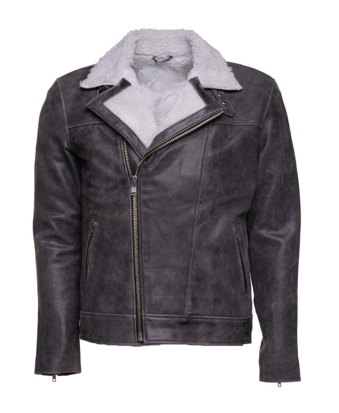 Handmade Vintage Grey Biker Leather Jacket With Sherpa Lining