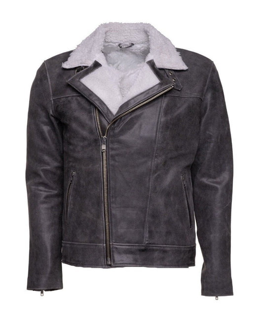 Handmade Vintage Grey Biker Leather Jacket With Sherpa Lining