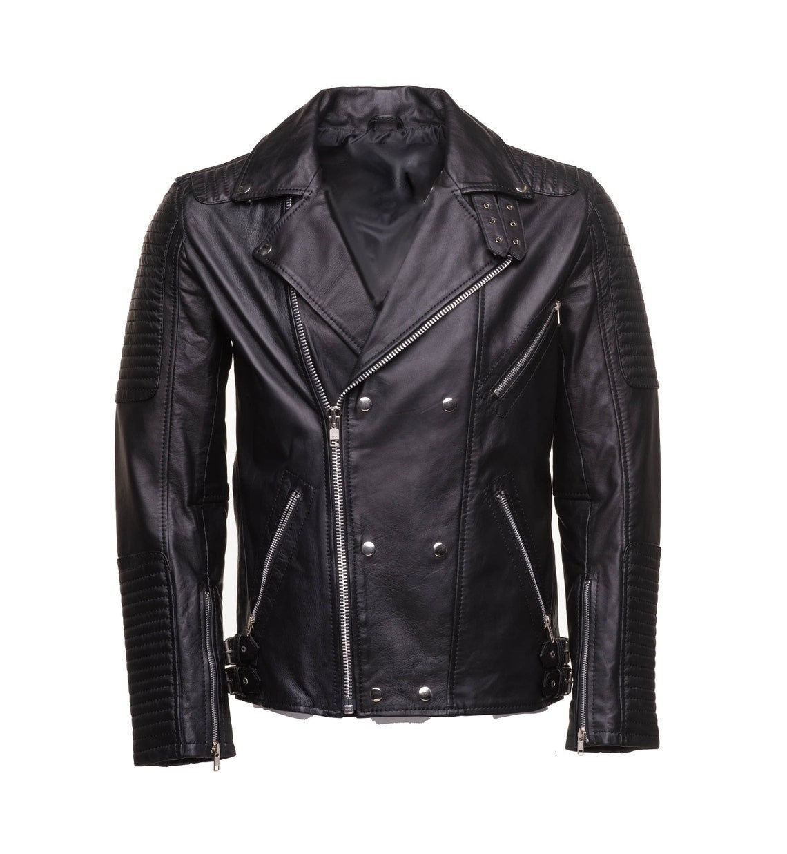 Handmade Micheals Biker Style Leather Jacket With Snap Buttons Closure
