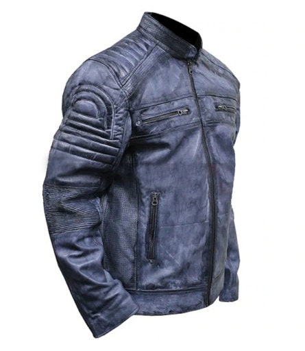 Handmade Distressed Blue Cafe Racer Biker Jacket