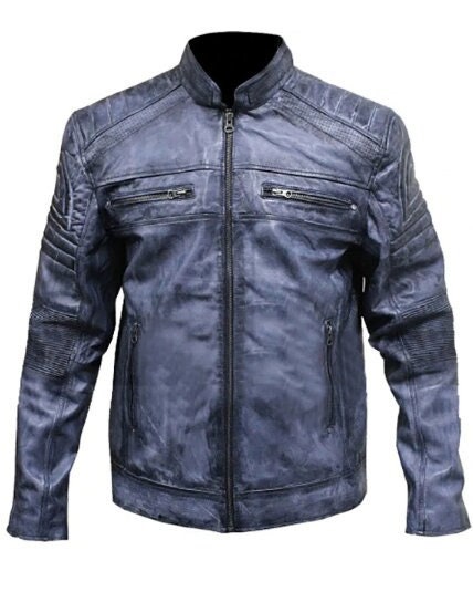 Handmade Distressed Blue Cafe Racer Biker Jacket