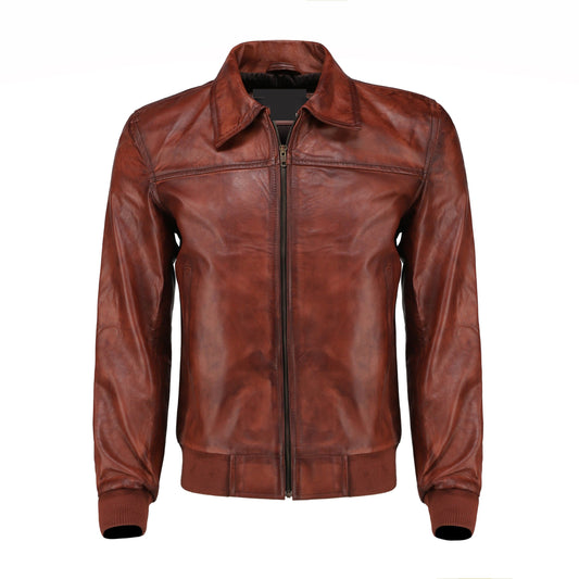 Handmade Boyd's Brown Leather Jacket With Ribbed Cuffs