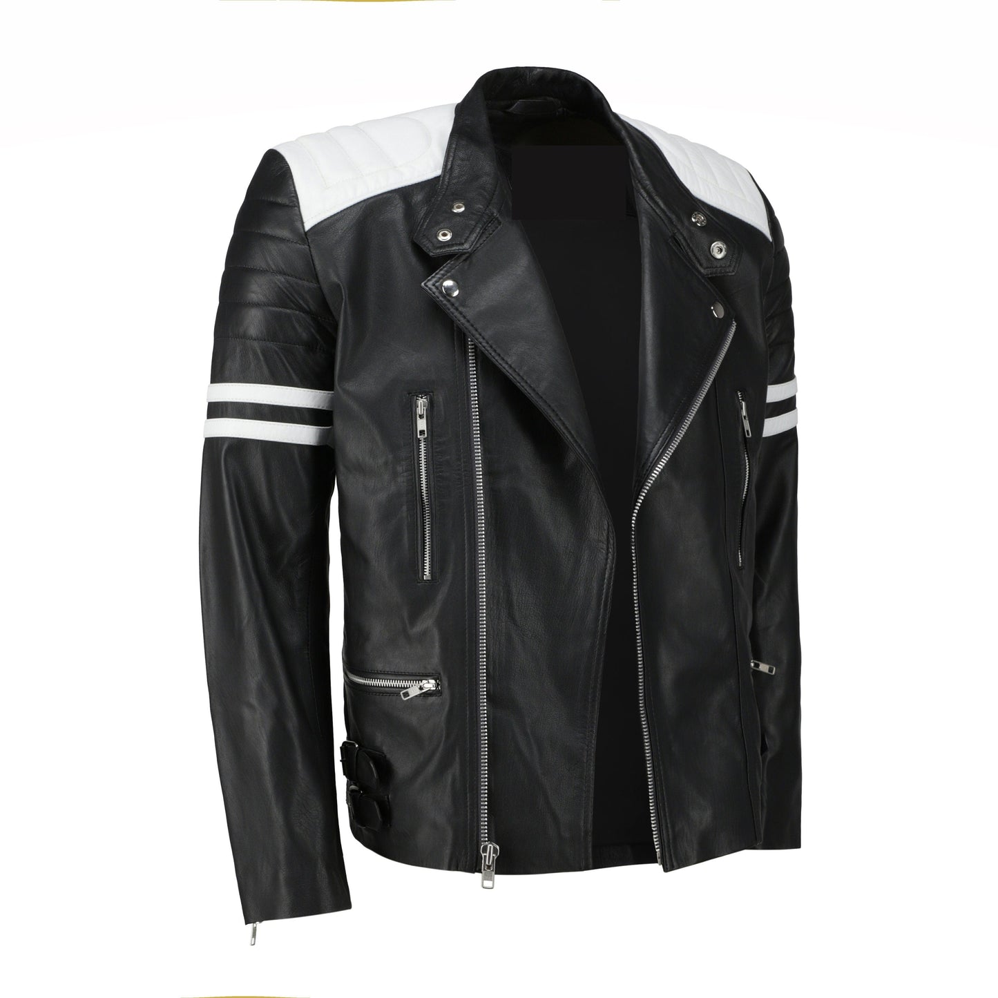 Rodger's White And Black Biker Style Leather Jacket Handcrafted by Ox and Bulls