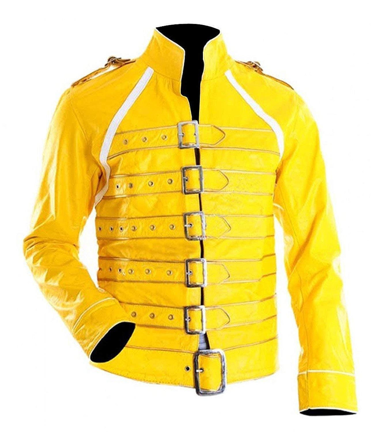 Handmade Freddie Mercury Wembley Stadium Yellow Cross belted Jacket | Queen Jacket | Freddie Jacket | Biker Jacket | Vegan Leather Jacket