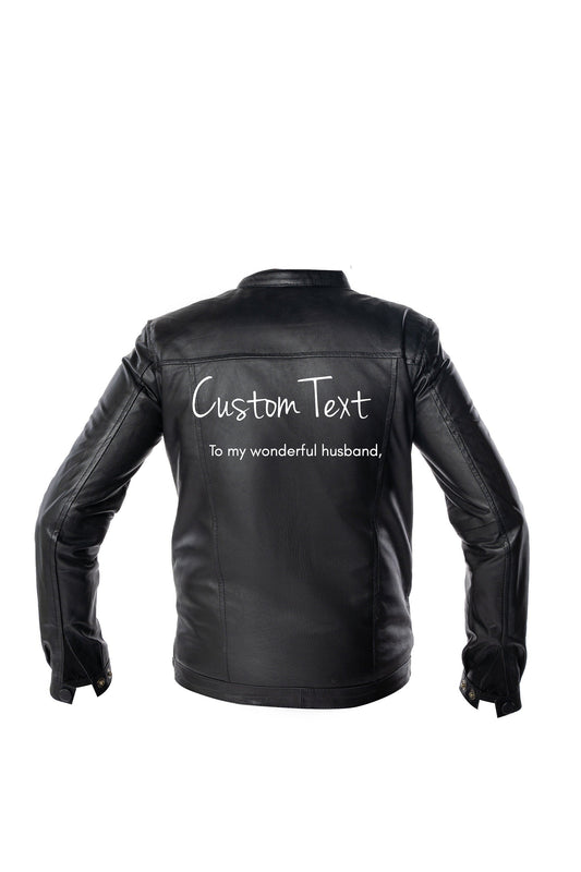 CUSTOM TEXT Black Bomber Leather Jacket- Personalize Black Moto Faux Leather Jacket- Gift for Her- Choose Font or Custom Logo Printing