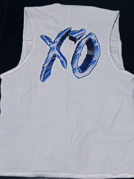Handmade Weeknd XO White Vest with Diamond XO in the back and Heavy metal buckles