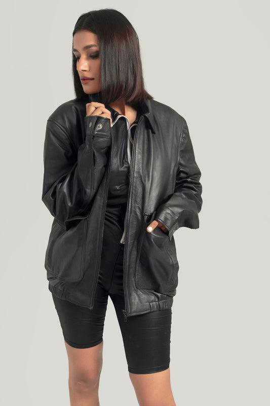 Oversized Baggy Women's Black Classic Bikers Jacket for Women's Retro Bomber Leather Jacket Handcrafted & Designed by Ox and Bulls