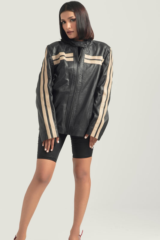 Oversized Black Jacket with White Stripes Retro Bomber Leather Jacket Handcrafted & Designed by Ox and Bulls