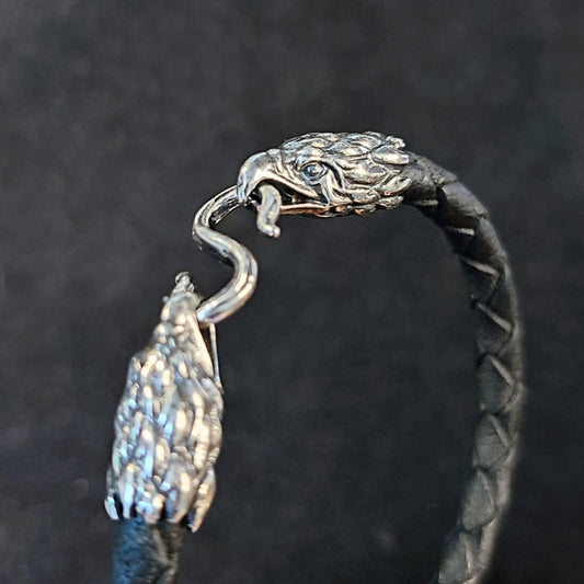 Silver Eagle's Heads Leather Black Braided Bracelet