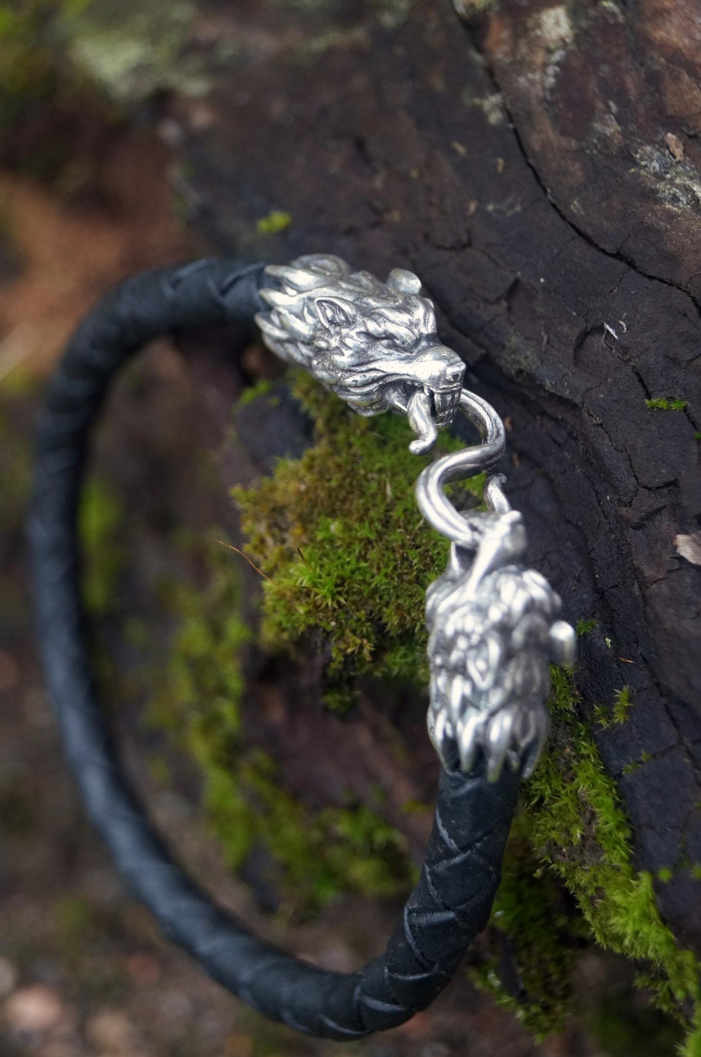 Silver Wolf's Heads Leather Black Braided Bracelet