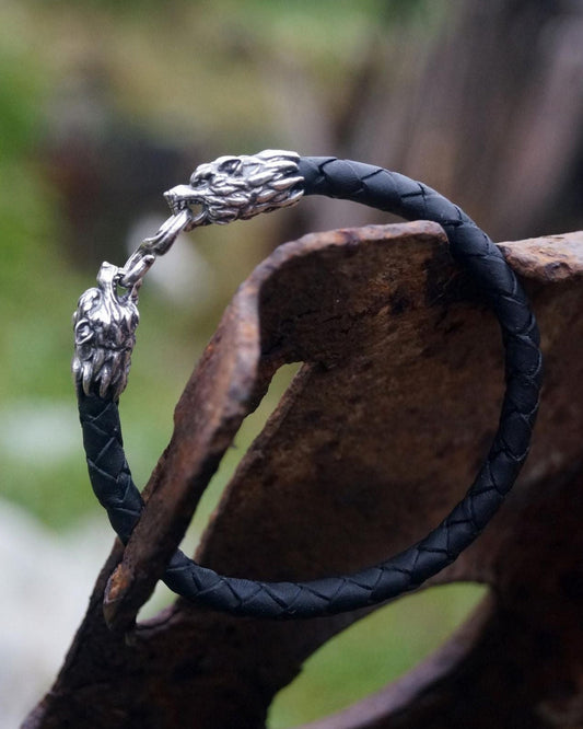 Silver Wolf's Heads Leather Black Braided Bracelet