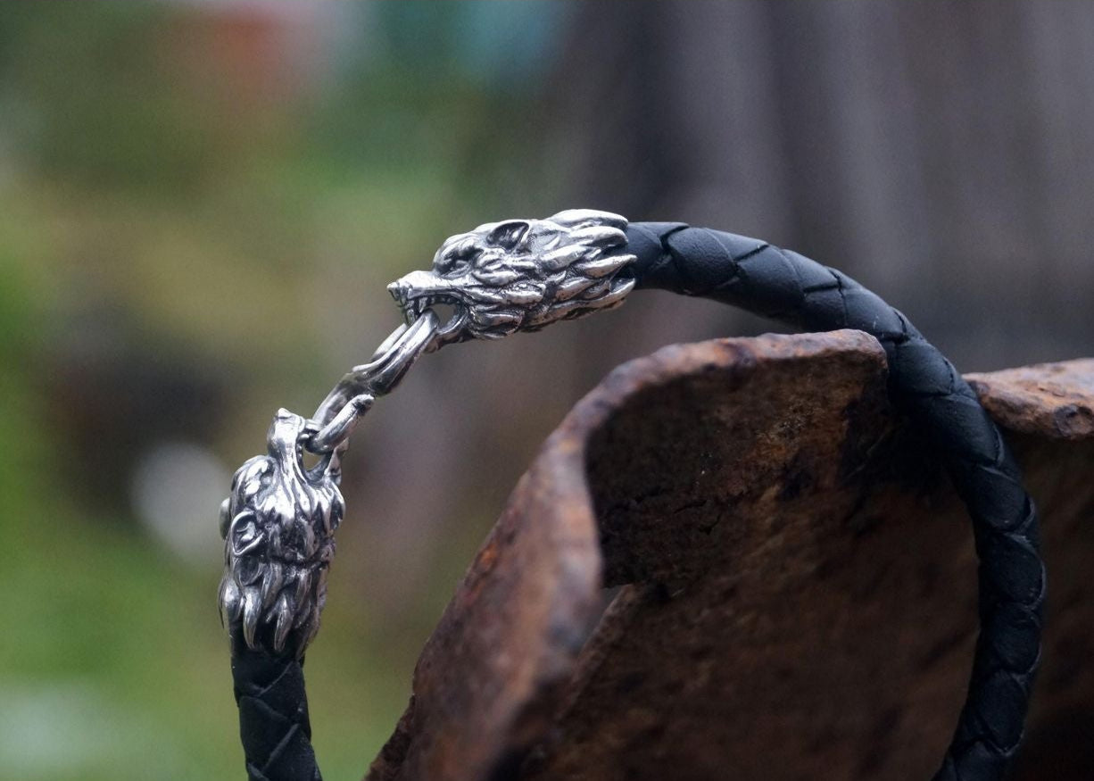 Silver Wolf's Heads Leather Black Braided Bracelet