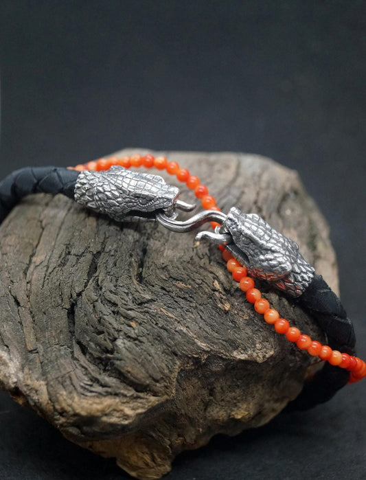 Silver Snake's Heads Leather Black Braided Bracelet