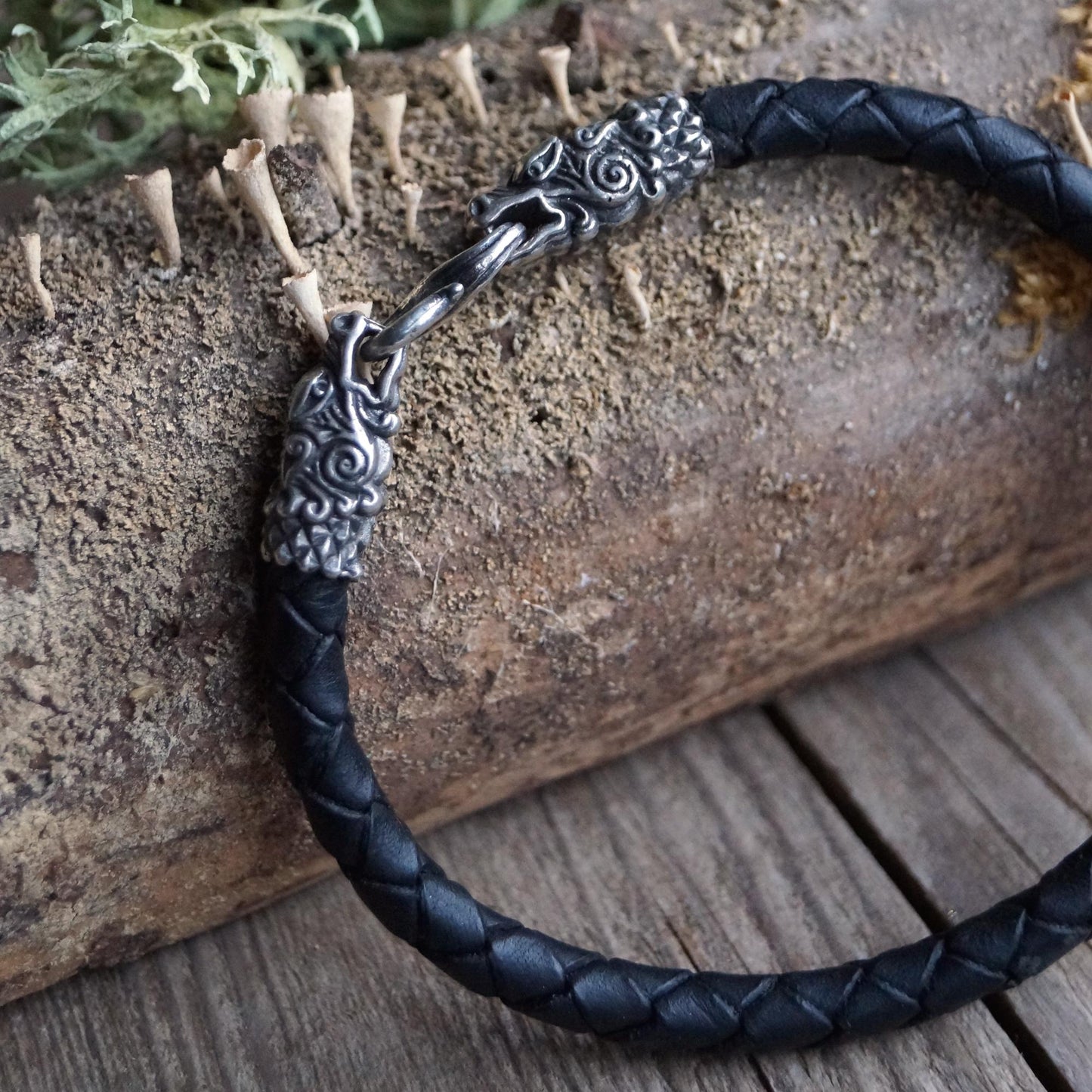 Silver Dragon's Heads Leather Black Braided Bracelet