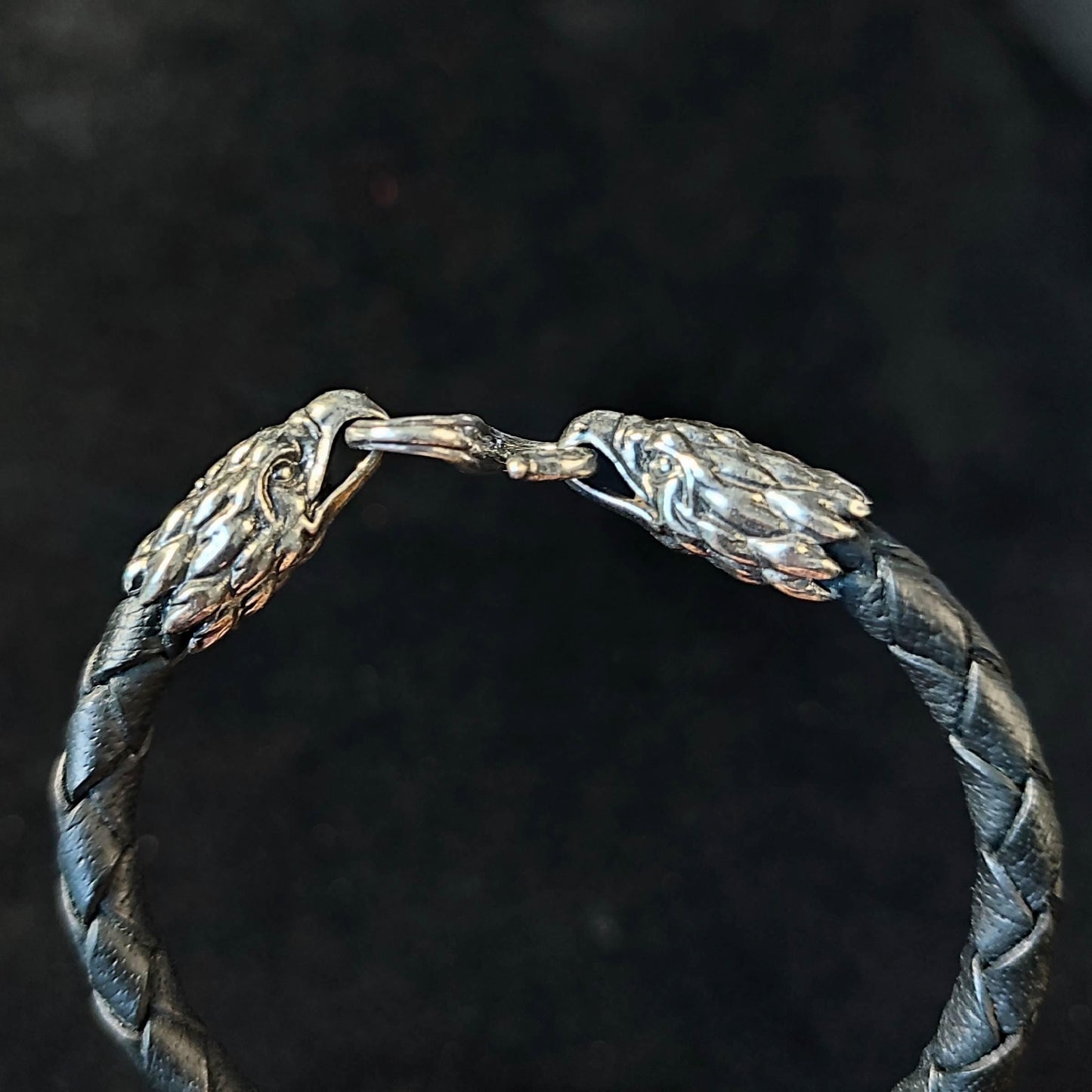 Silver Eagle's Heads Leather Black Braided Bracelet