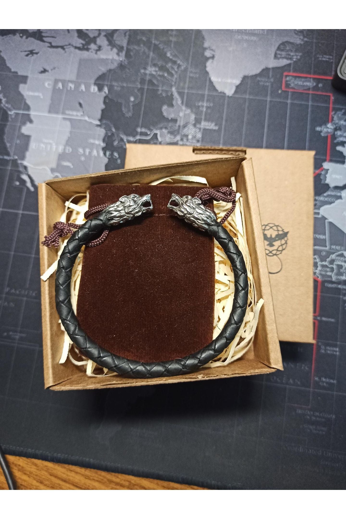 Silver Wolf's Heads Leather Black Braided Bracelet