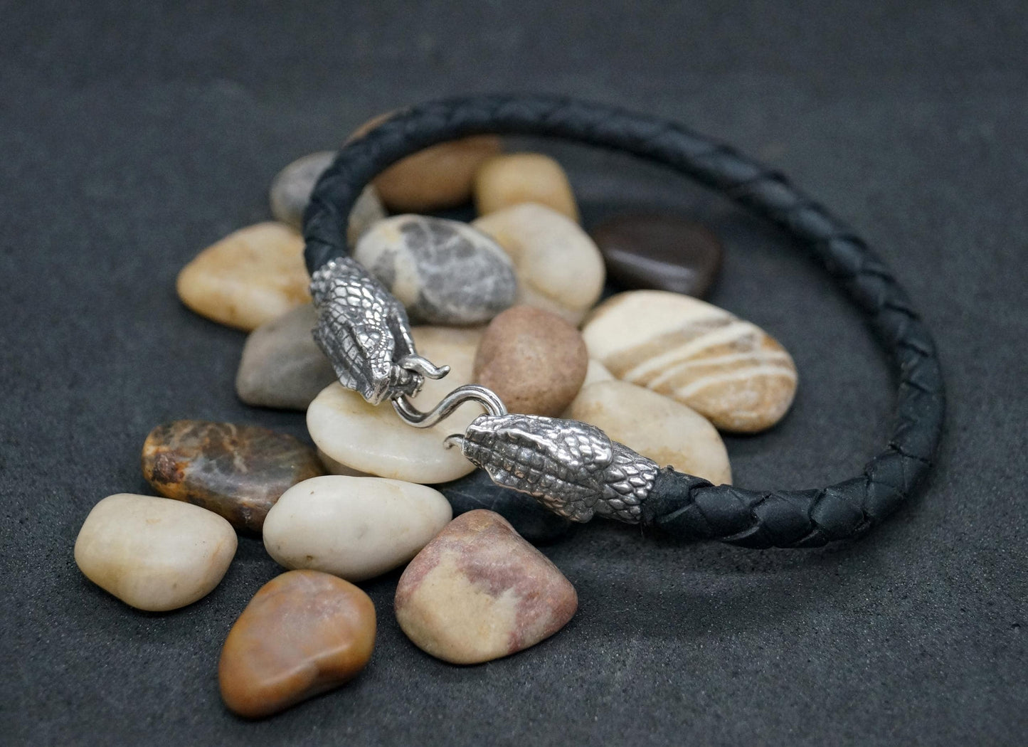 Silver Snake's Heads Leather Black Braided Bracelet