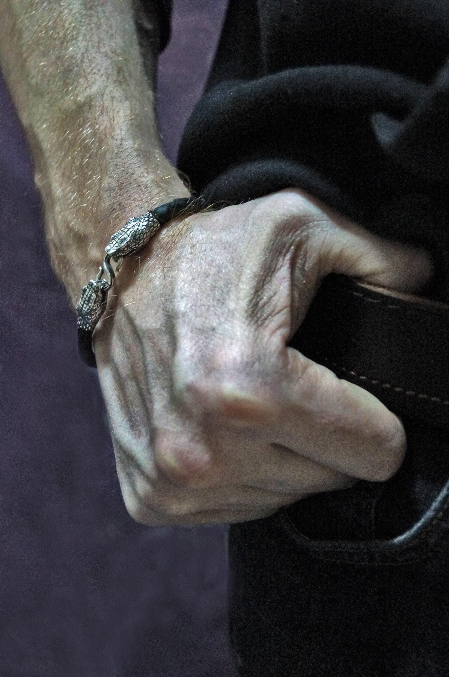 Silver Snake's Heads Leather Black Braided Bracelet