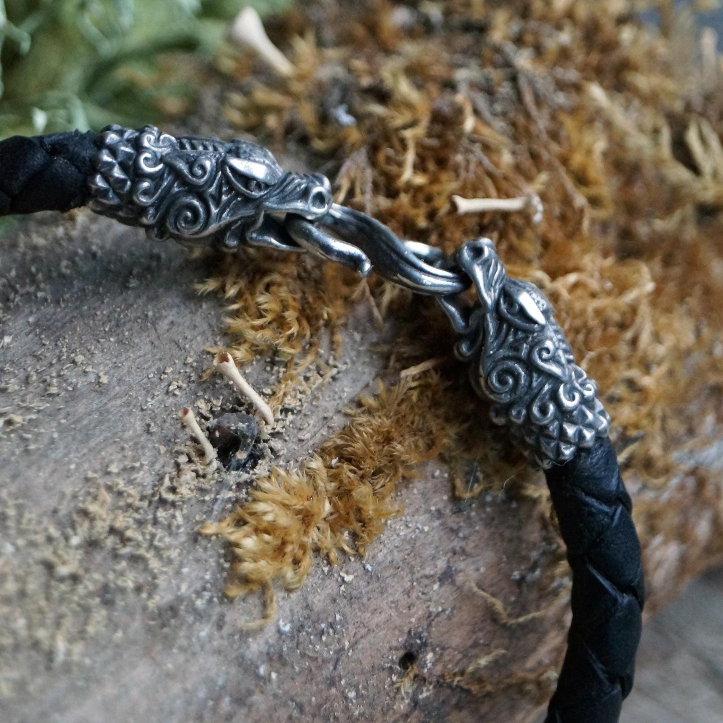 Silver Dragon's Heads Leather Black Braided Bracelet