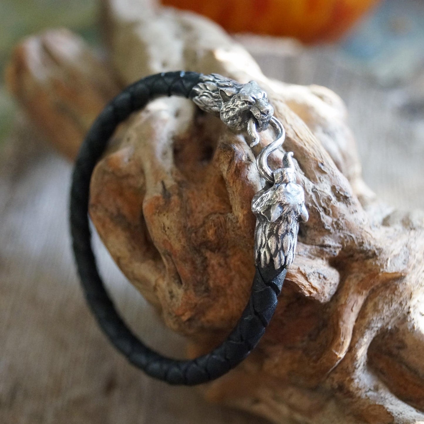 Silver Tiger's Heads Leather Black Braided Bracelet