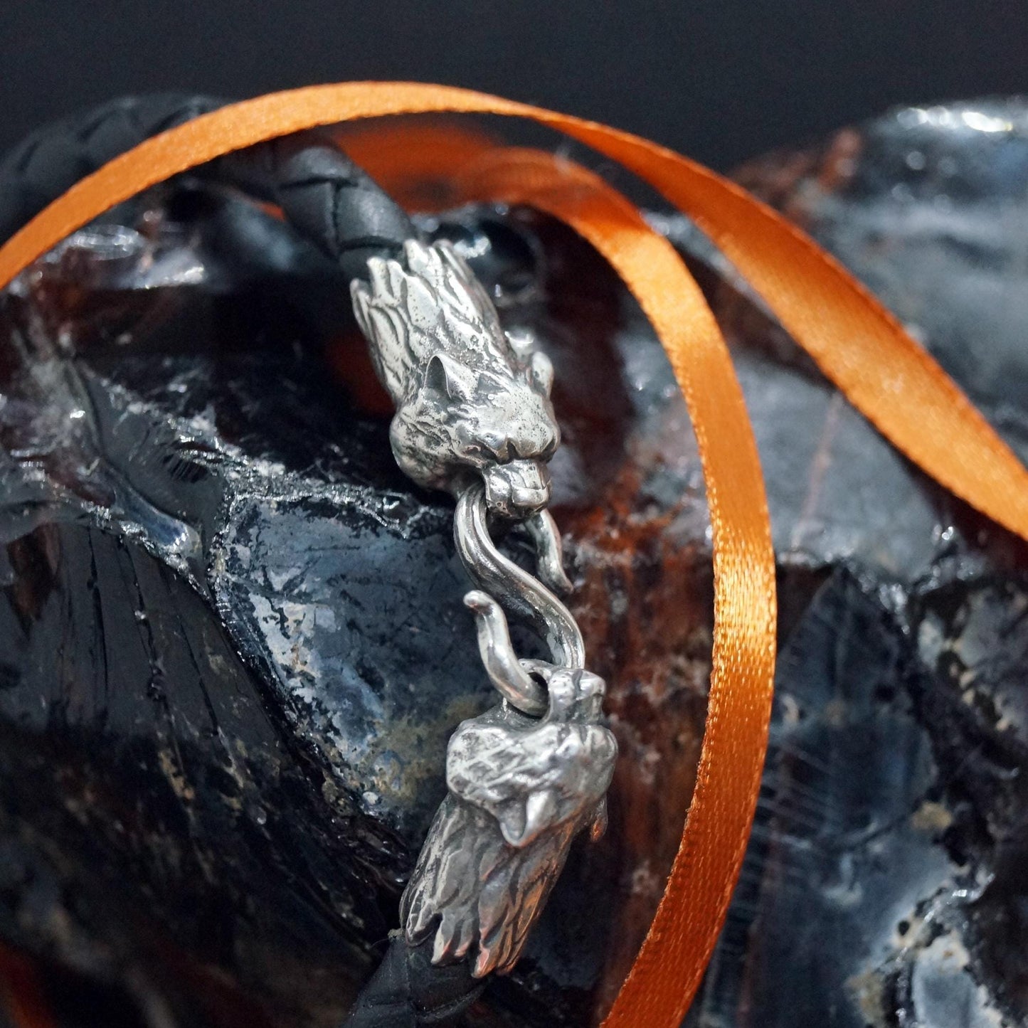 Silver Tiger's Heads Leather Black Braided Bracelet