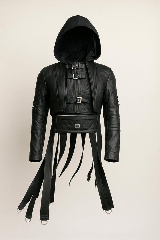 Gothic Black Leather Hooded Jacket with Buckle Straps & D-Rings – Cyberpunk Streetwear by Ox and Bulls