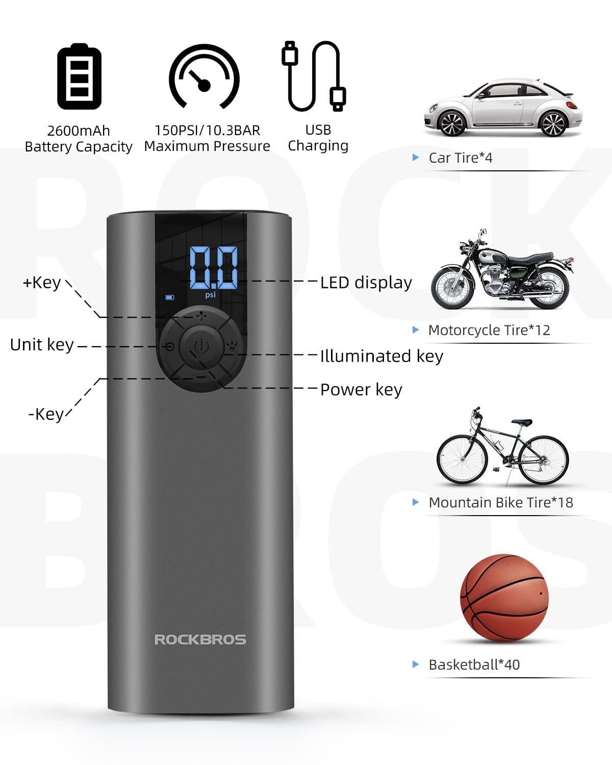 ROCKBROS A8 Mini Electric Air Bike Tire Pump 150PSl 2*2600mAh