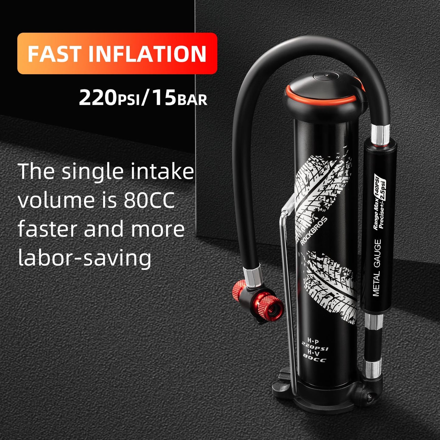 ROCKBROS Mini Portable Bike Pump with Hidden Gauge 220PSI
