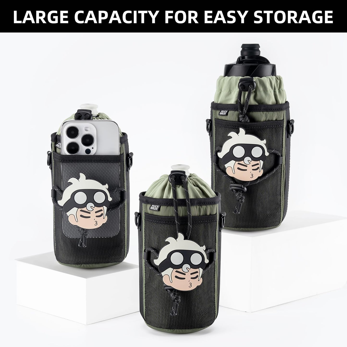 ROCKBROS Bike Water Bottle Holder with Mesh Pockets for Kids Adults